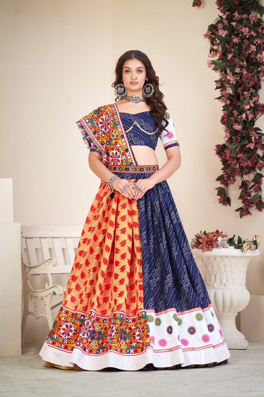 Navratri Special Blue Bandhani Chaniya Choli with Mirror Work and Silk Dupatta