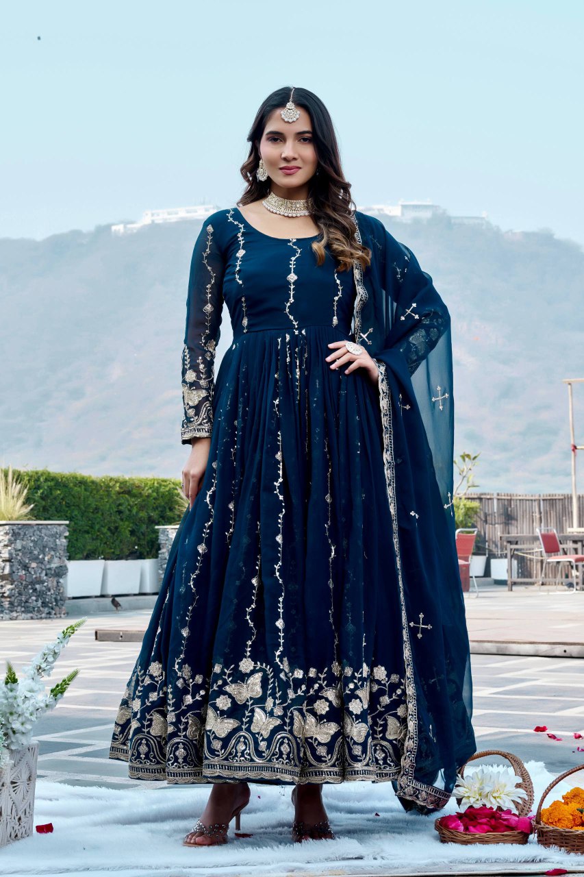 Festival Collection Fox Georgette Long Gown with Heavy Sequence Embroidery Dupatta - Fully Stitched