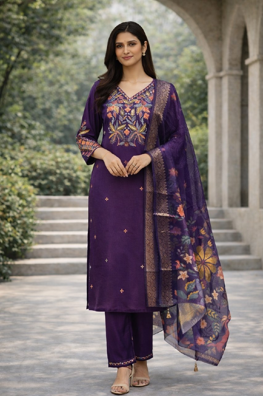 Designer Cotton Silk Embroidered Kurti Pant Set with Digital Print Dupatta - Fully Stitched