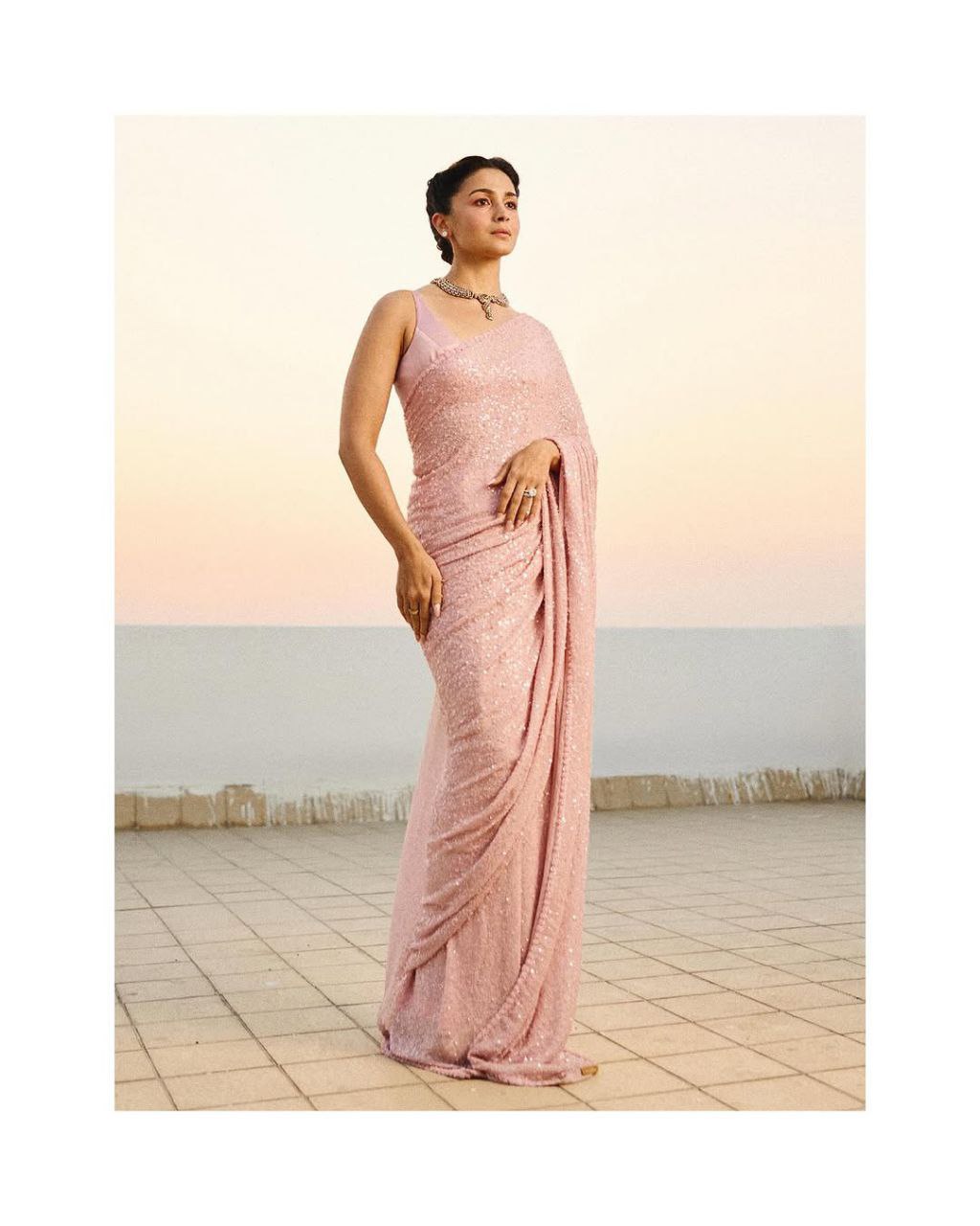 Bollywood Alia Bhatt Inspired Faux Georgette Sequins Embroidered Designer Saree