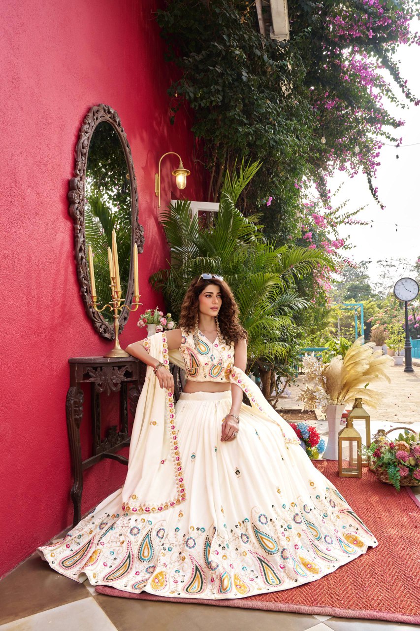 Wedding Collection Vichitra Lehenga Choli with Heavy Cording Embroidery Work - Fully Stitched
