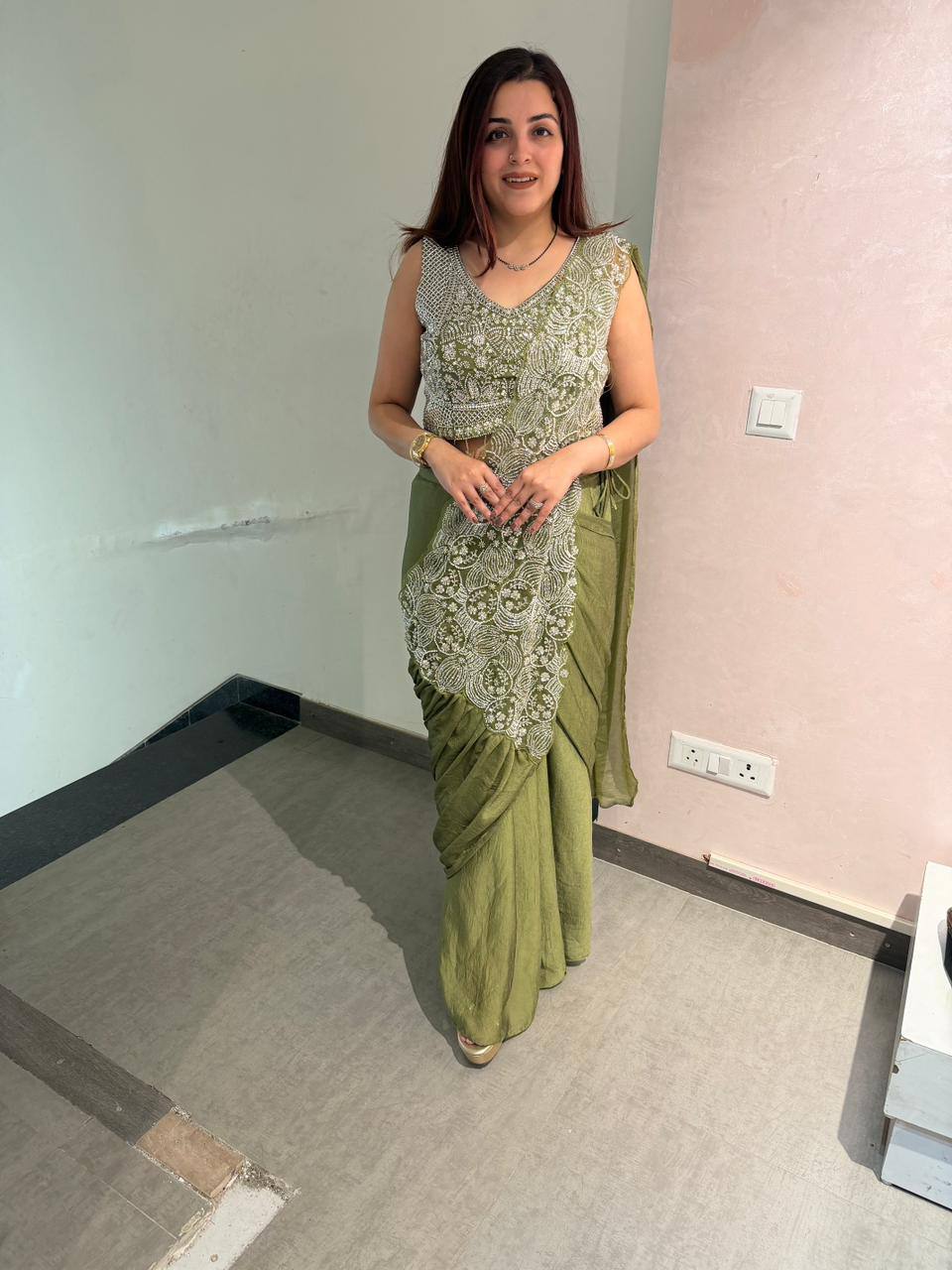 Superhit Trending Chinon Ready to Wear Saree with Fully Embroidered Stylish Blouse - Fully Stitched