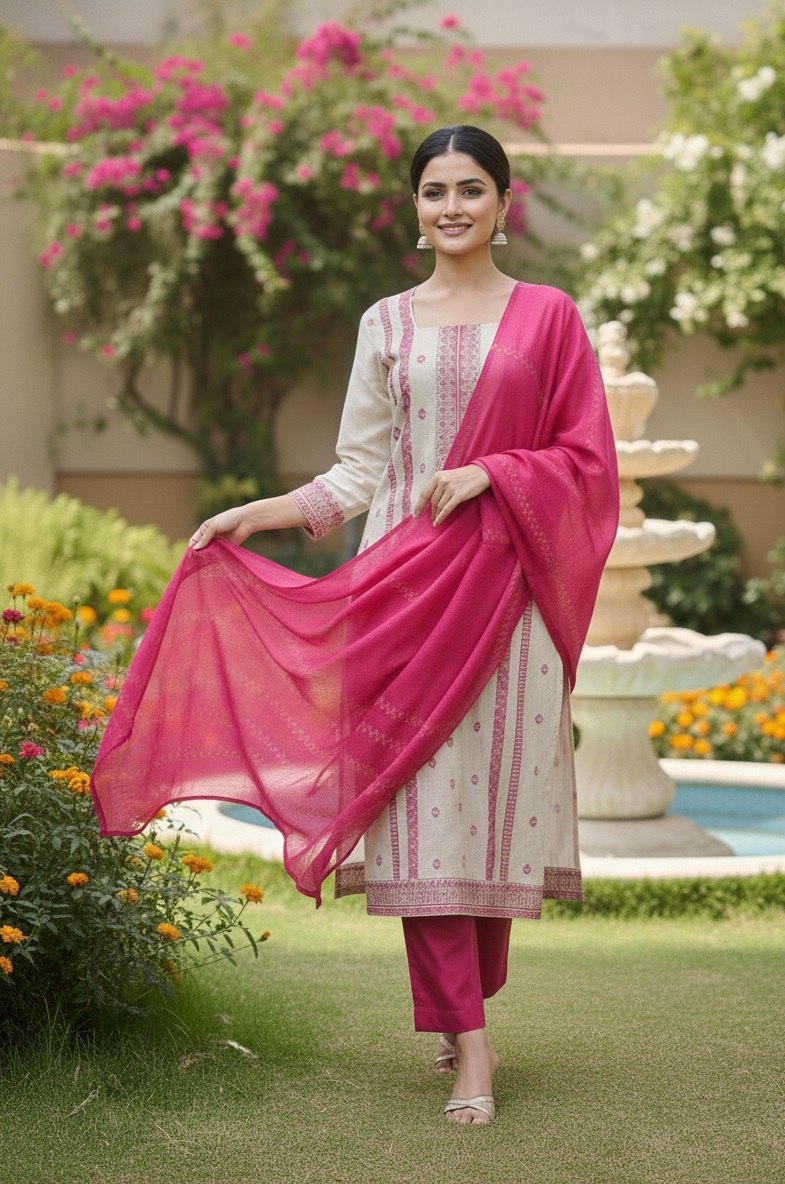 Designer Embroidered Kurta Pant Set with Printed Dupatta Perfect For Wedding Function