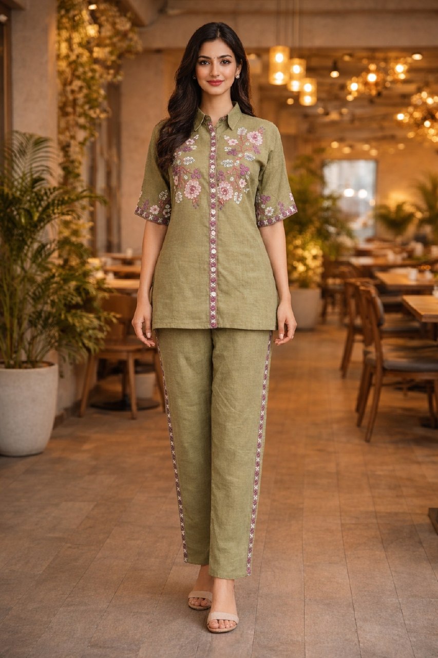 Women's Cotton Embroidered Co-Ord Set with Shirt Collar Top and Pant - Fully Stitched