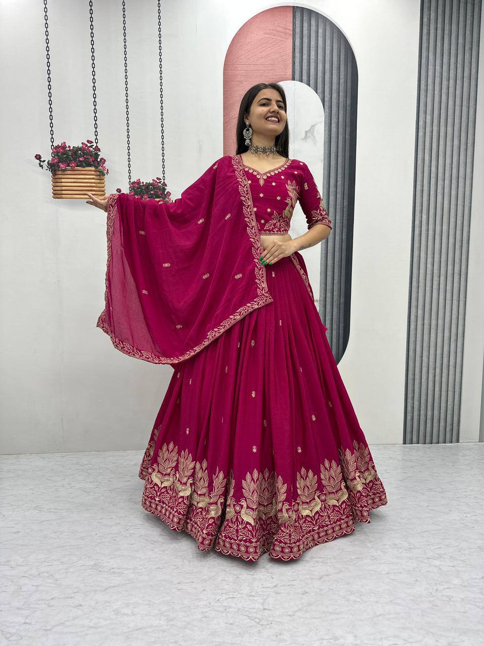 New Festival Chinon Lehenga Choli with Elegant Embroidered Dupatta - Fully Stitched