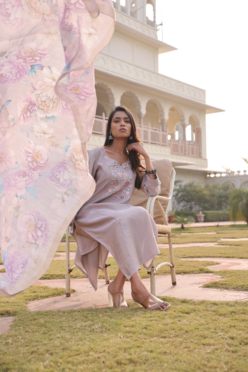 Designer Beige Embroidered Kurti Pant Set with Digital Print Dupatta - Fully Stitched