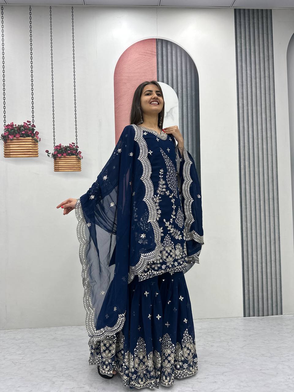 Designer Party Wear Embroidered Sharara Suit Set with Dupatta - Fully Stitched