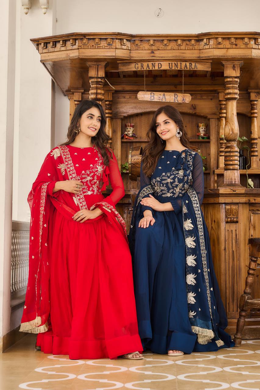 New Festival Collection Fox Georgette Long Gown with Heavy 3MM Sequence Embroidery Dupatta - Fully Stitched