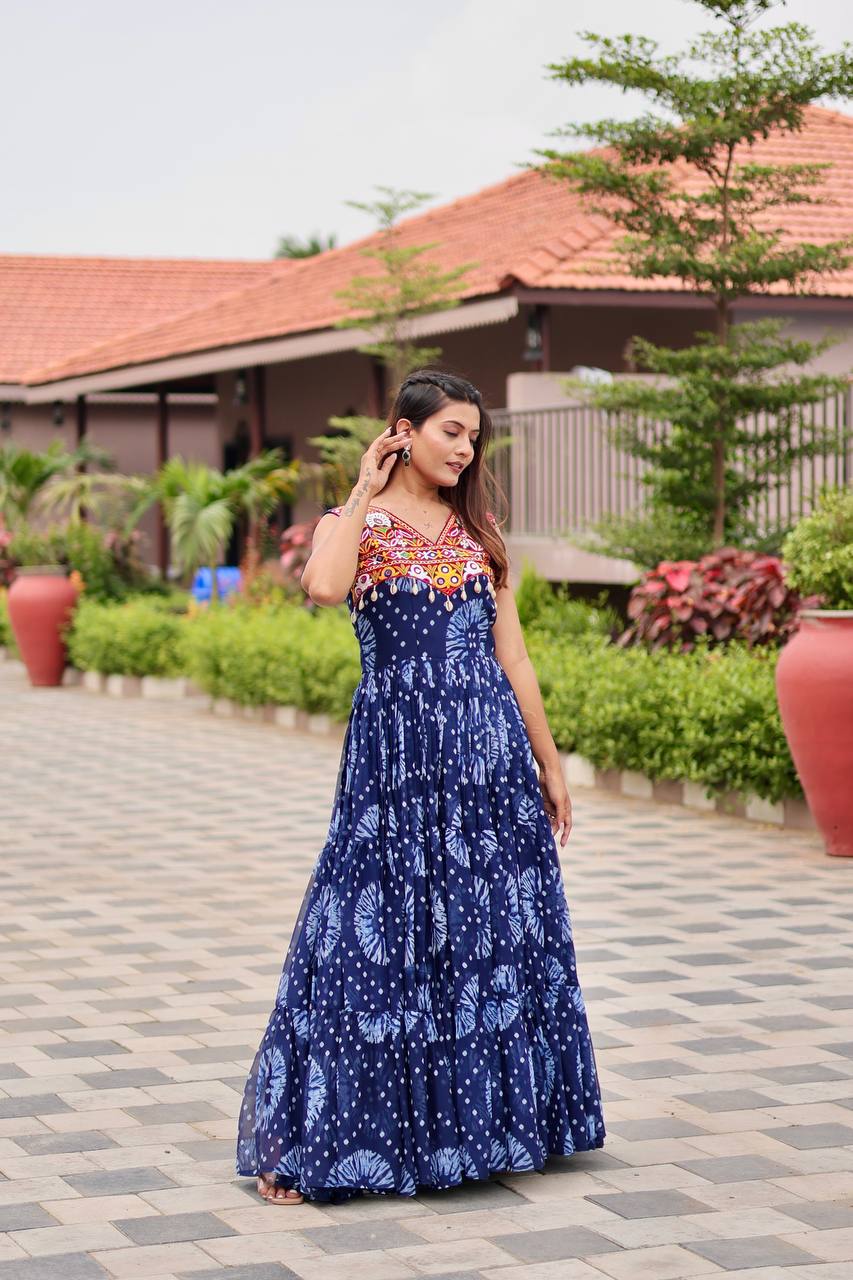 Navratri Special Faux Georgette Gamathi Work Gown with Real Mirror and Original Kodi Lace - Fully Stitched