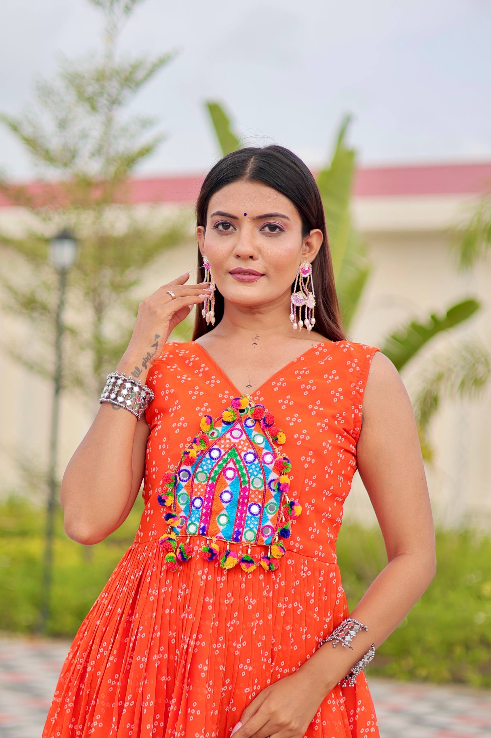 Navratri Special Faux Georgette Gown with Embroidery Thread Work and Real Mirror - Fully Stitched