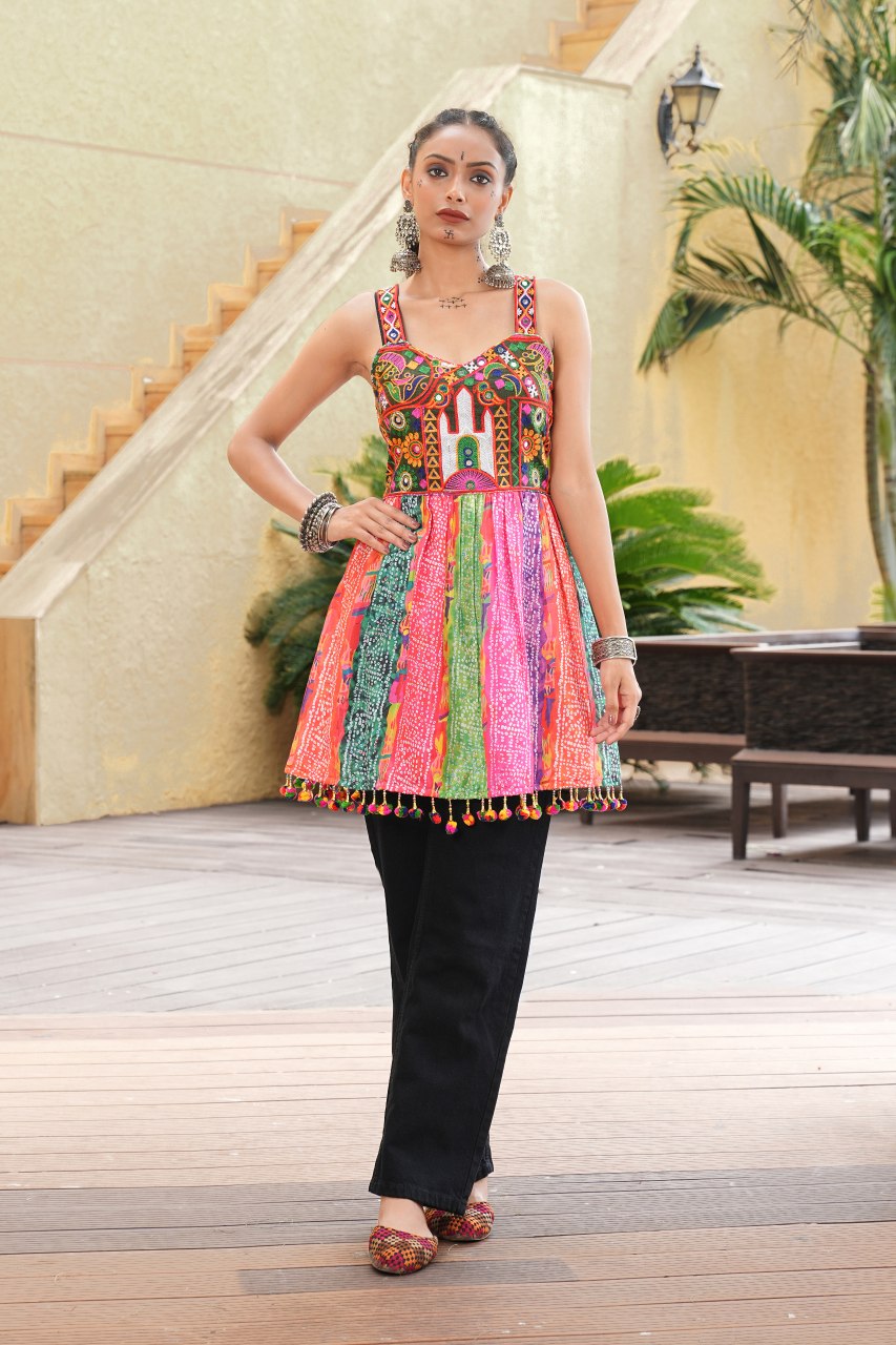 Navratri Special Multicolor Embroidered Kurti with Original Mirror Work - Fully Stitched