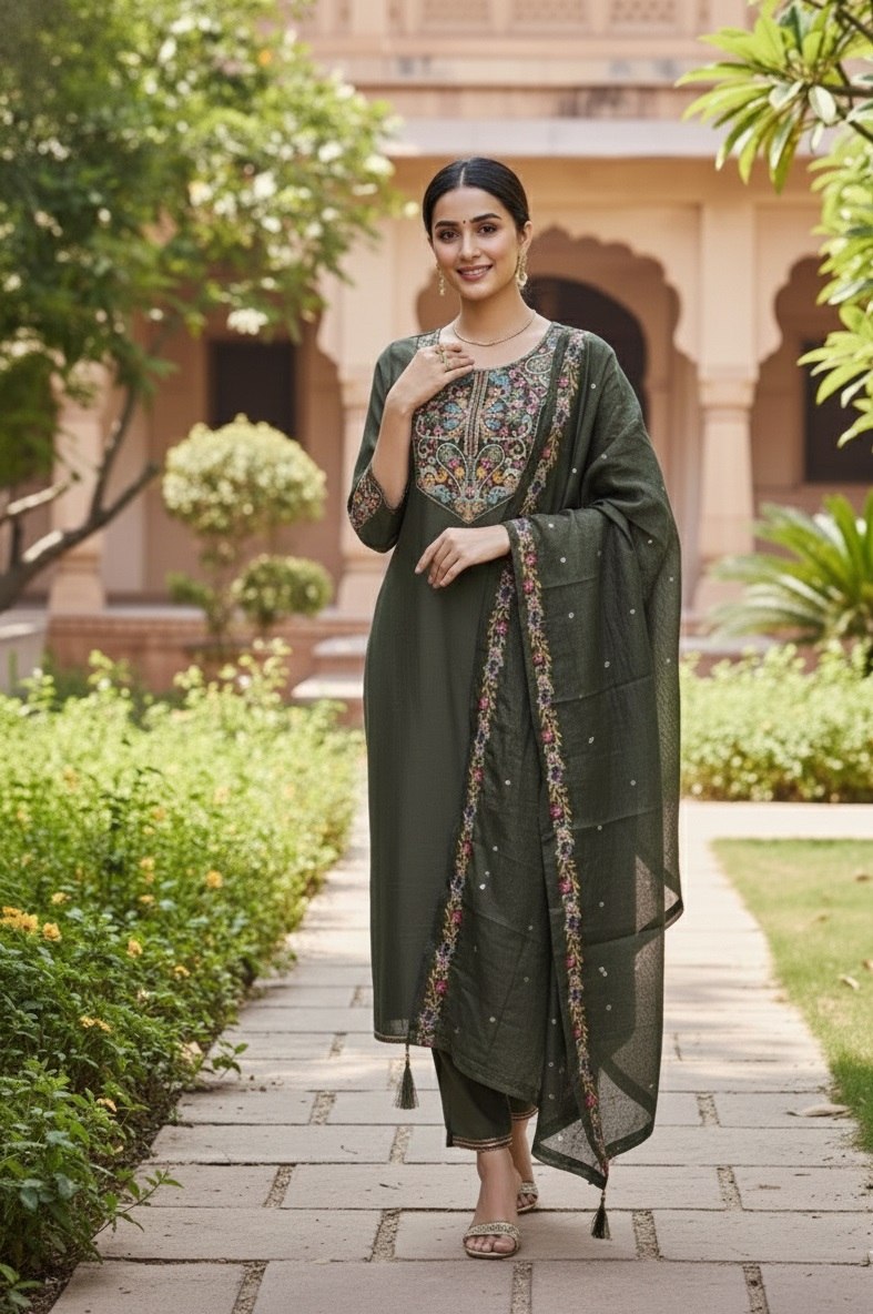 Designer Cotton Silk Embroidered Kurti Pant Set with Dupatta - Fully Stitched