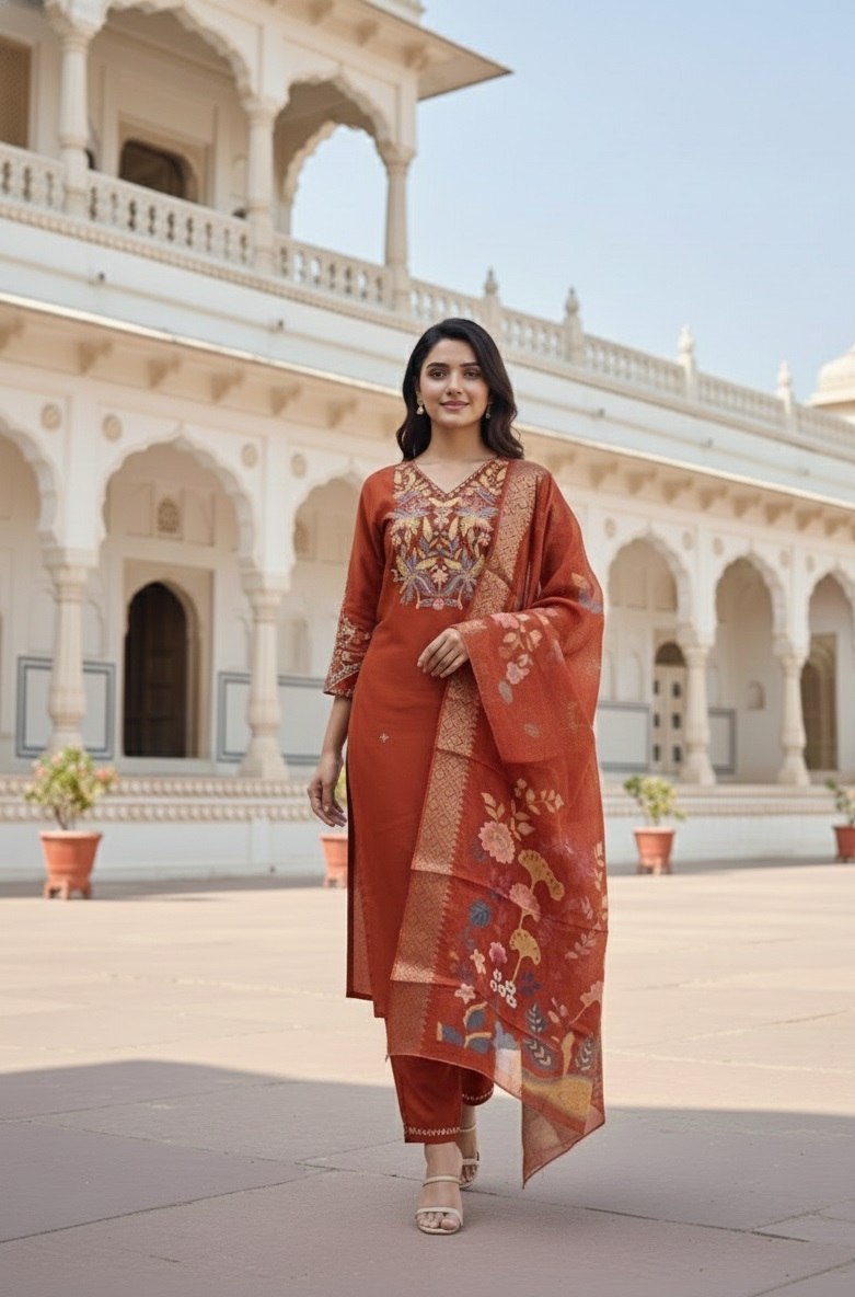 Designer Cotton Silk Embroidered Kurti Pant Set with Digital Print Dupatta - Fully Stitched