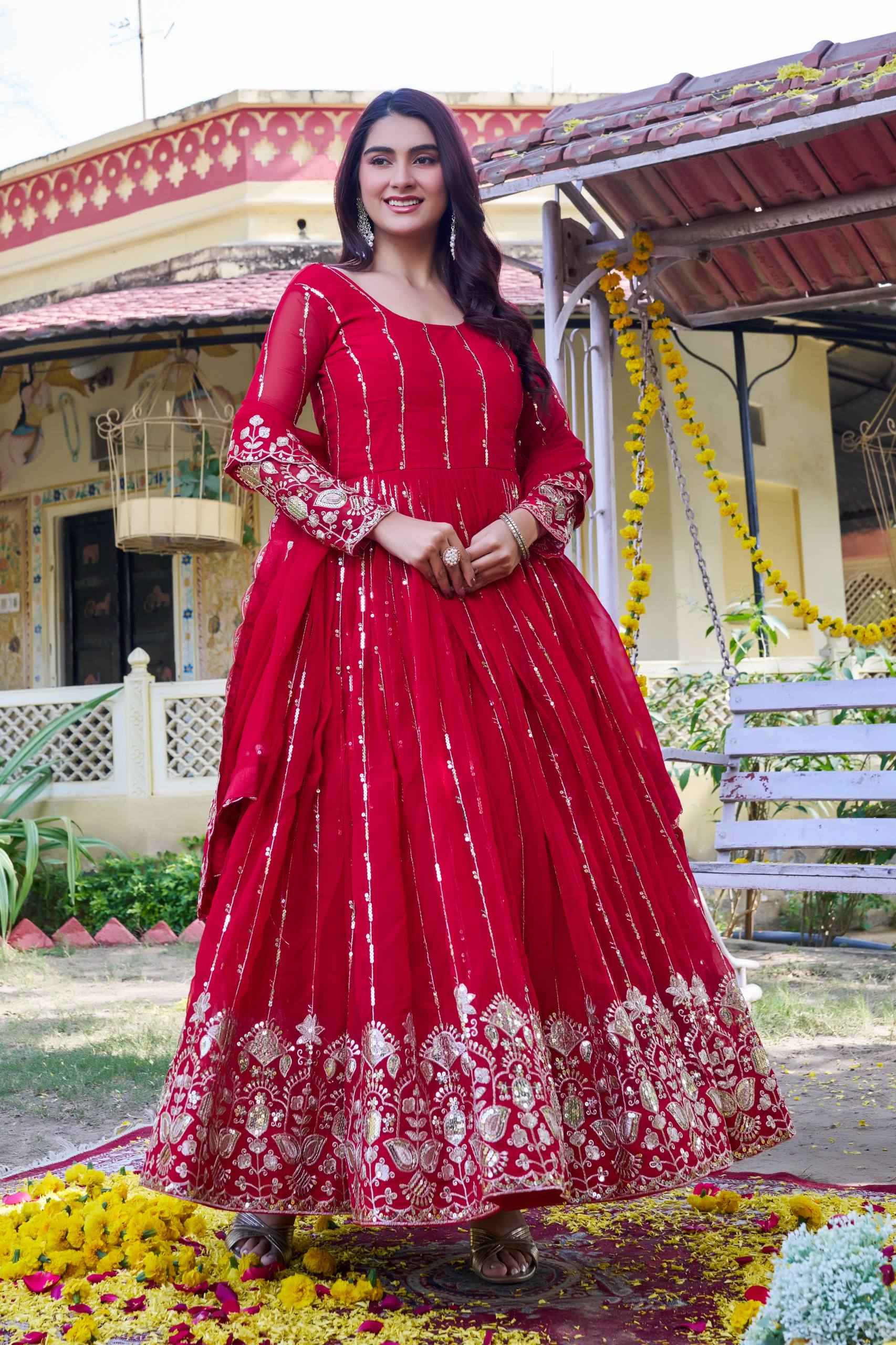 Festival Collection Fox Georgette Long Gown with Heavy 5MM Sequence Embroidery Dupatta - Fully Stitched