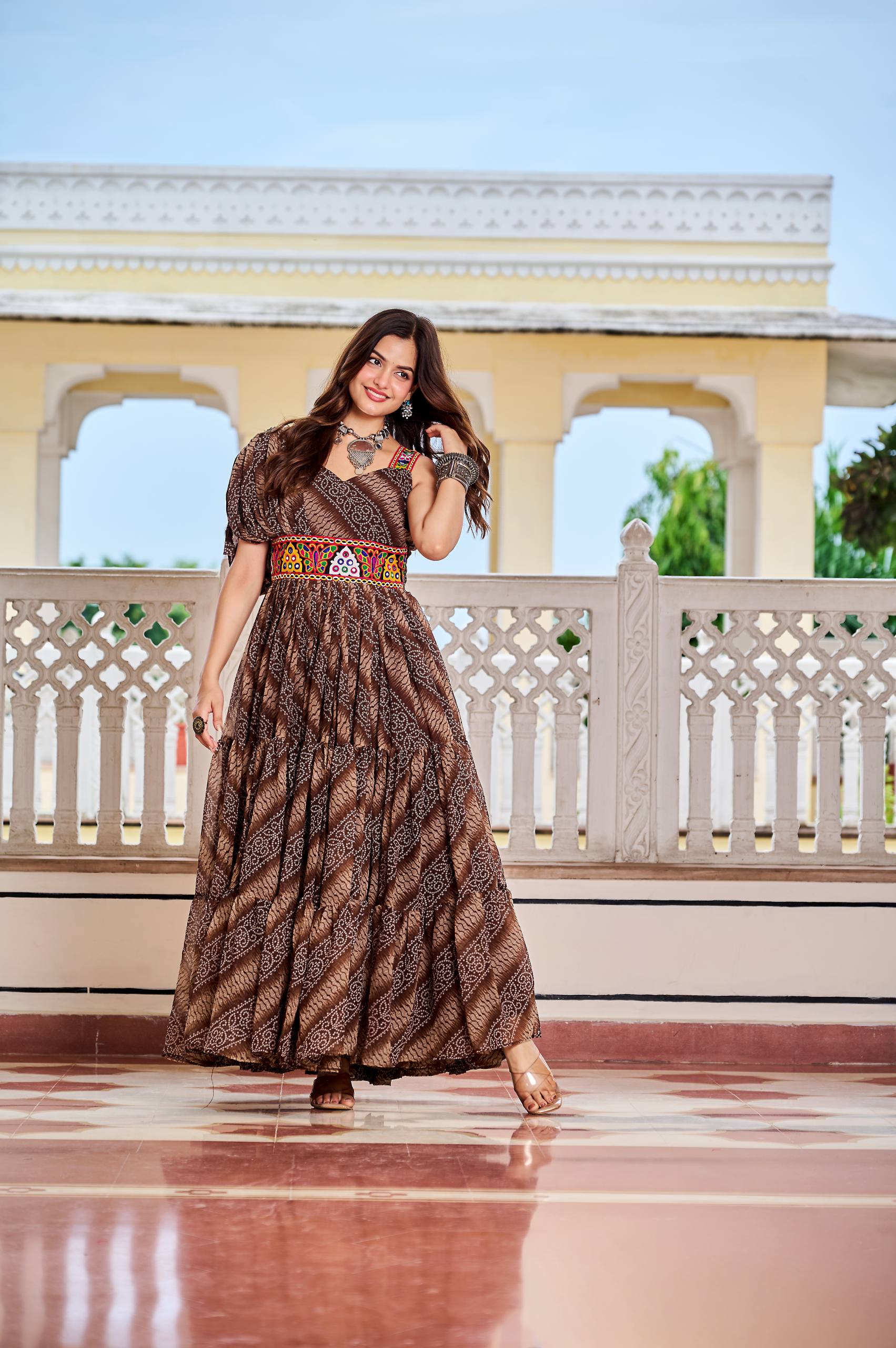 Navratri Special Bandhani Print Faux Georgette Gown with Gamathi Work and Real Mirror - Fully Stitched