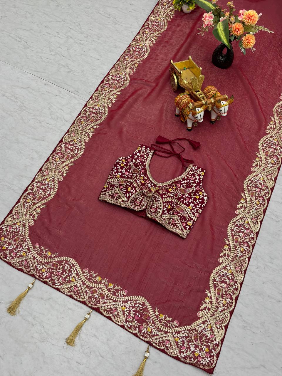 Festival Wedding Saree in Silver Crunchy Fabric with Heavy Thread and Sequence Embroidery Work