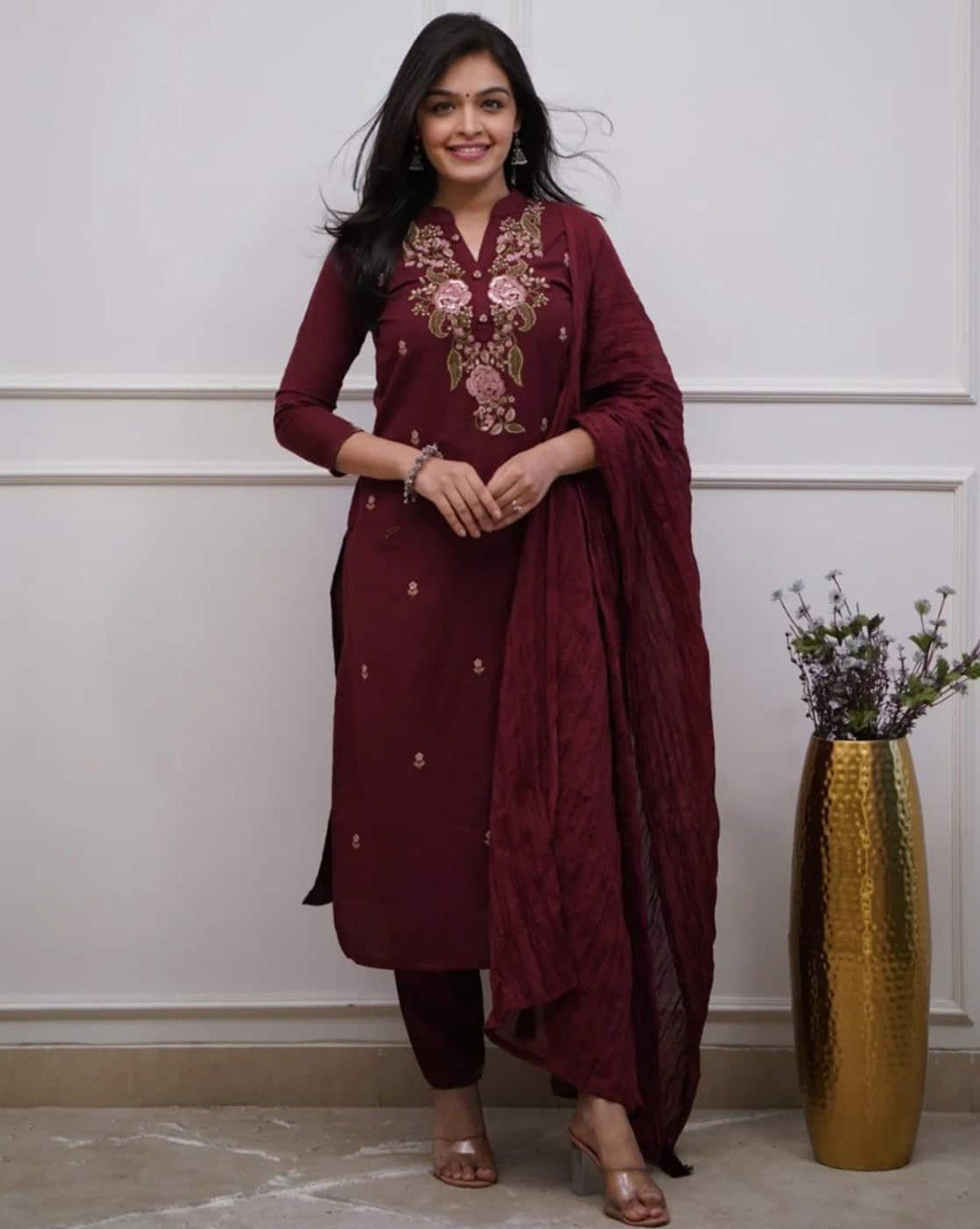 Stylish Viscose Rayon Embroidered Kurta Pant Set with Nazmin Dupatta for Party Wear - Fully Stitched