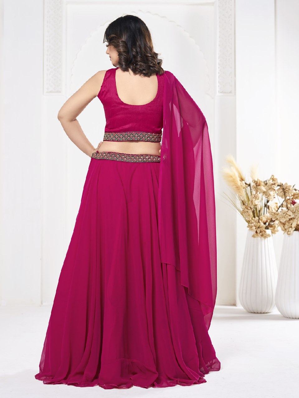 Premium Rani Pink Georgette Lehenga Choli with Embroidered Beads Work and Cape Dupatta