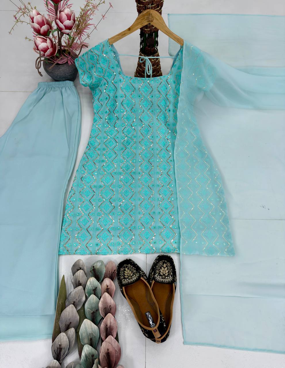 NEW DESIGNER HEAVY FUAX GEORGETTE SHARARA SUIT SET