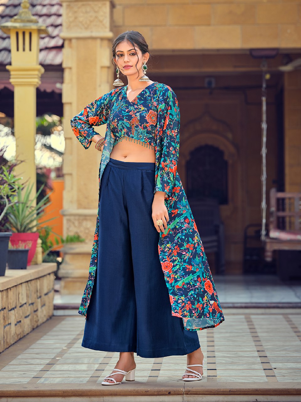 Premium Teal Silk Indo-Western Co-Ord Set with Embroidered Top and Printed Shrug - Fully Stitched