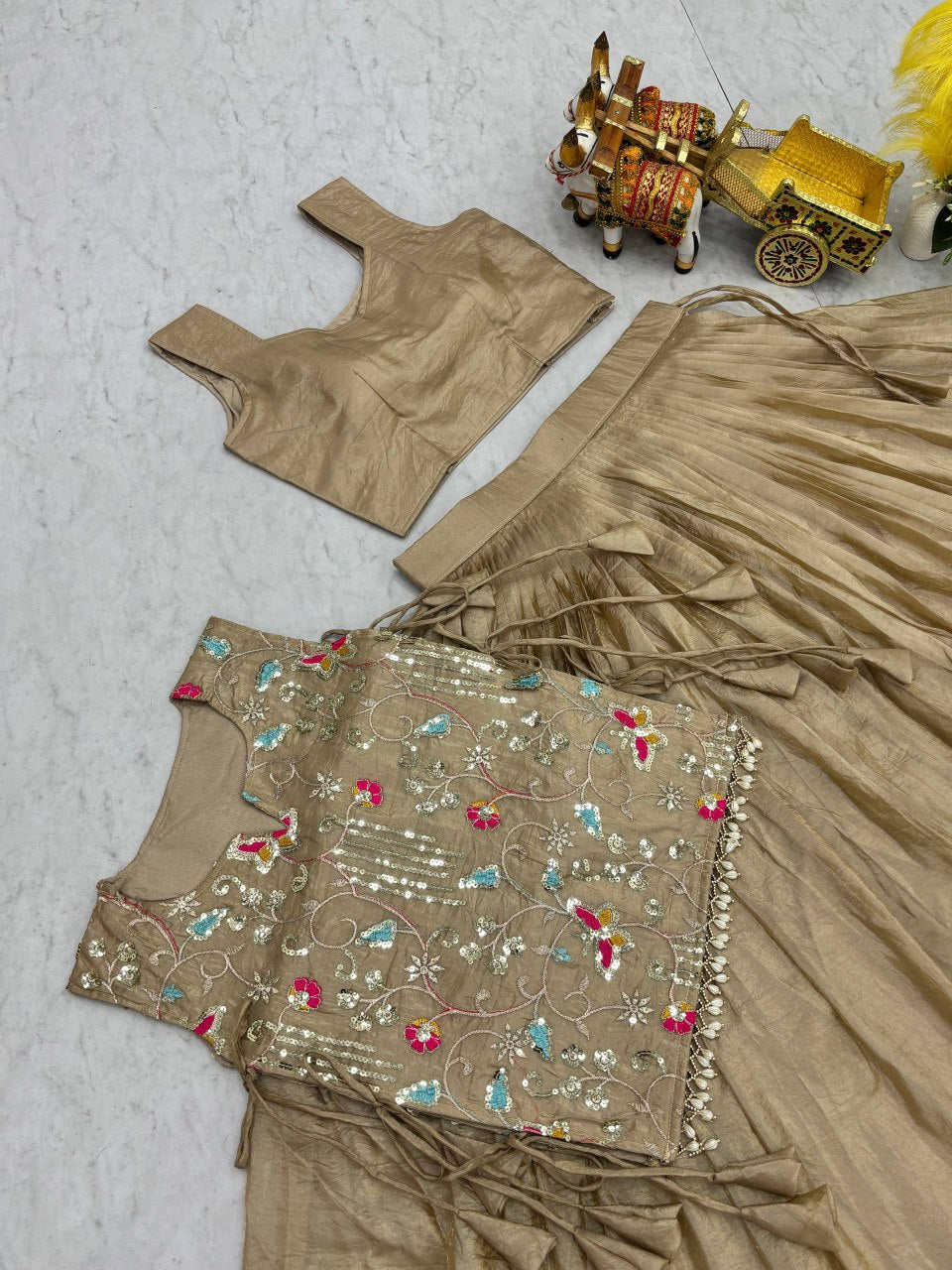 Wedding Collection Pure Gold Crush Lehenga Choli with Embroidered Shrug - Fully Stitched