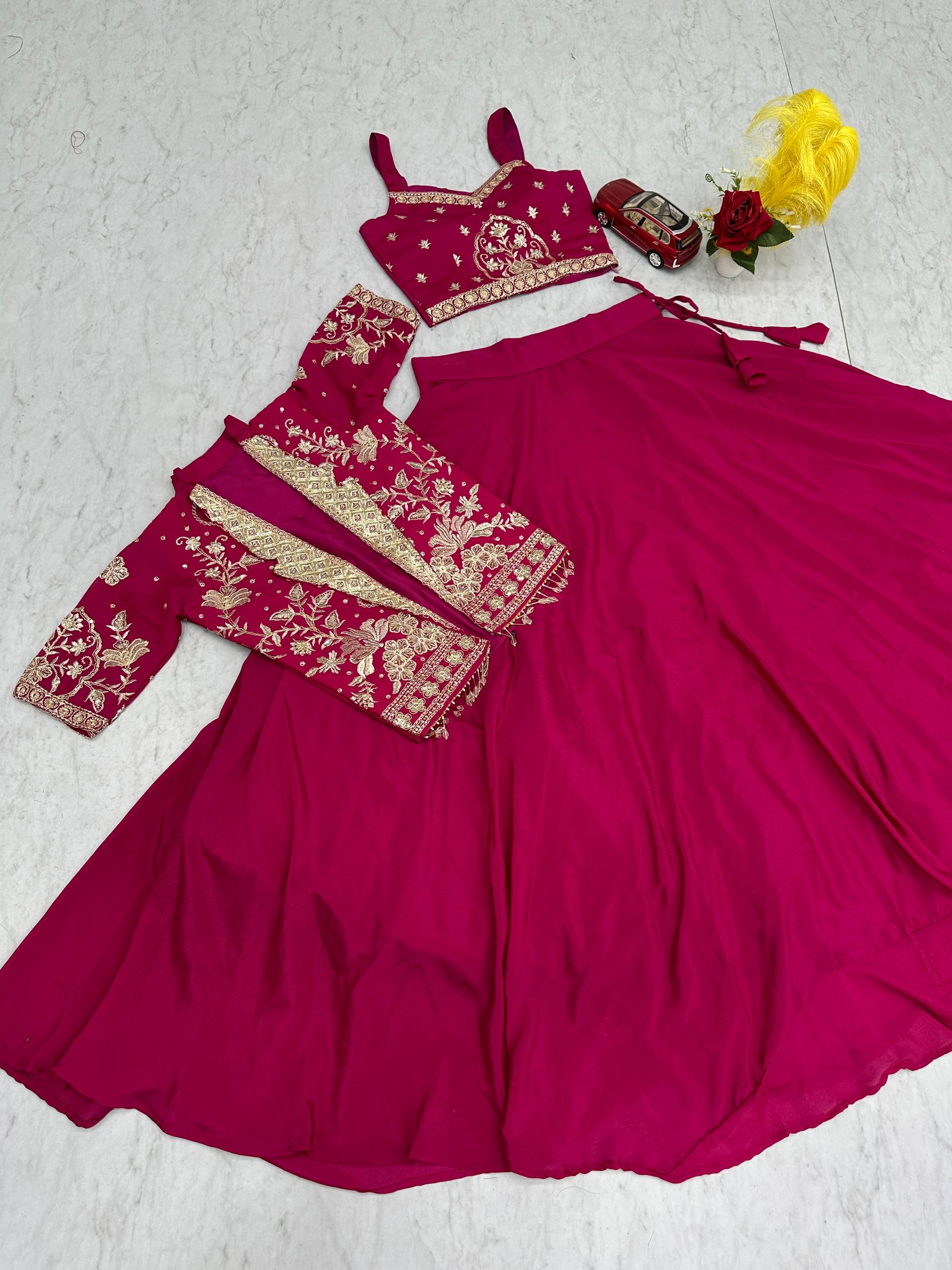 Festival Special Vichitra Silk Crop Top Lehenga with Embroidered Jacket - Fully Stitched