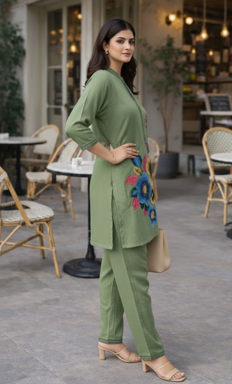 Women's Poly Linen Cotton Embroidered Co-Ord Set with Collar Neck Top and Pant - Fully Stitched