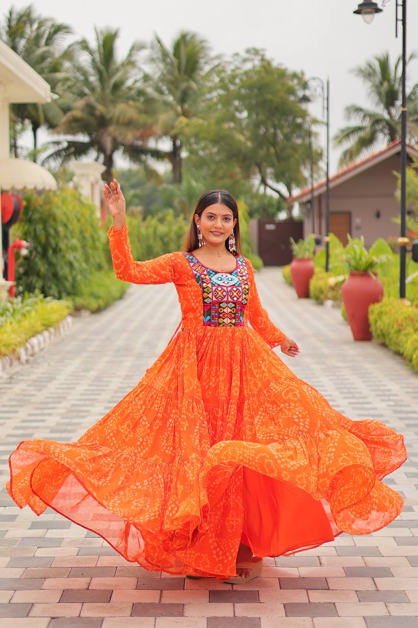 Navratri Special Faux Georgette Gown with Embroidery Thread Work and Real Mirror - Fully Stitched