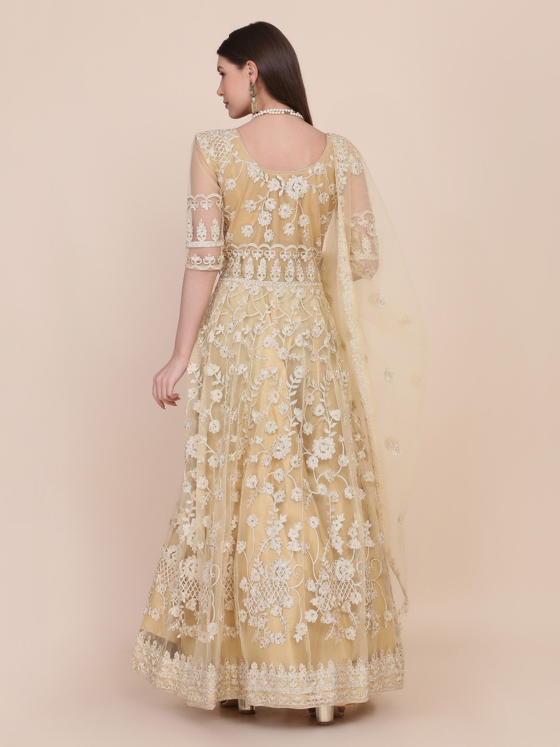 Wedding Wear Cream Net Anarkali Suit Set with Embroidered Dupatta