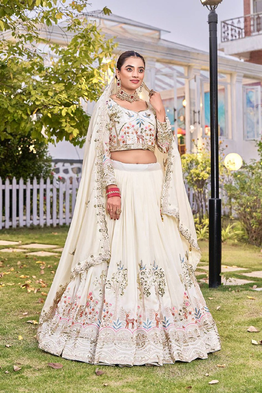 Designer Wedding Collection Vichitra Lehenga Choli with Heavy Embroidery Work - Fully Stitched