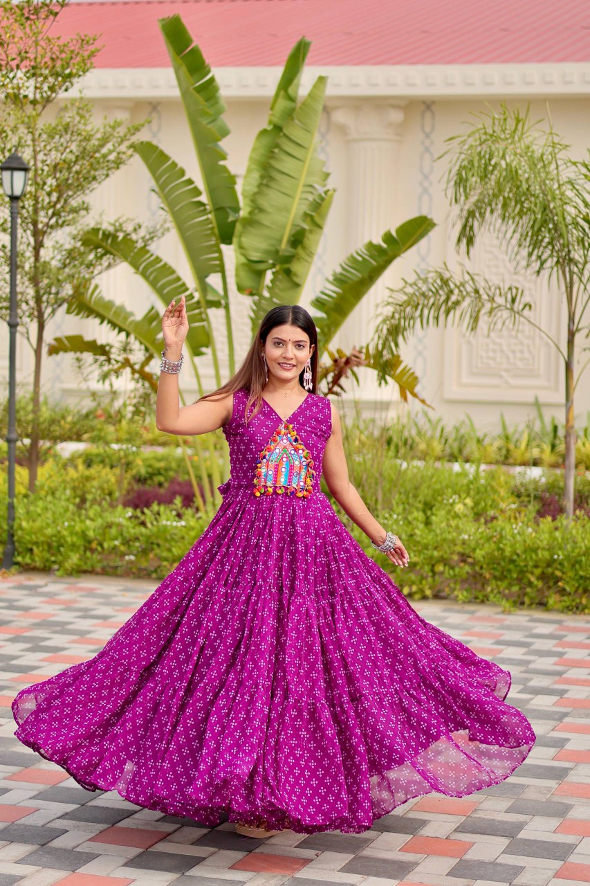 Navratri Special Faux Georgette Gown with Embroidery Thread Work and Real Mirror - Fully Stitched