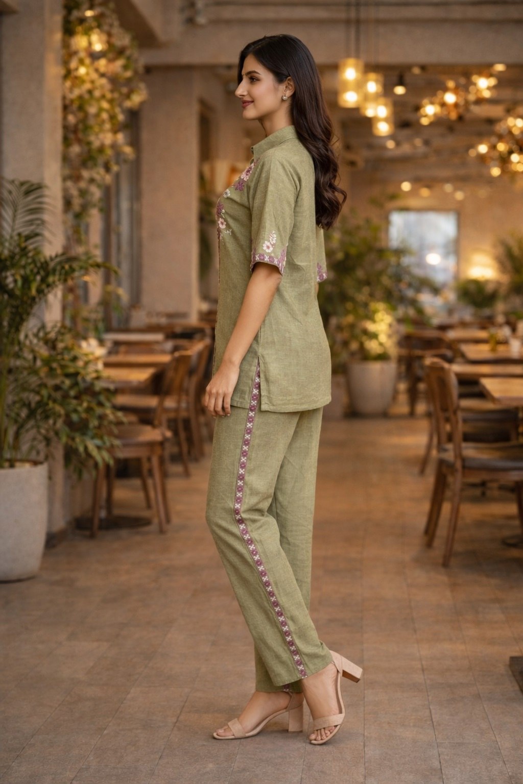 Women's Cotton Embroidered Co-Ord Set with Shirt Collar Top and Pant - Fully Stitched