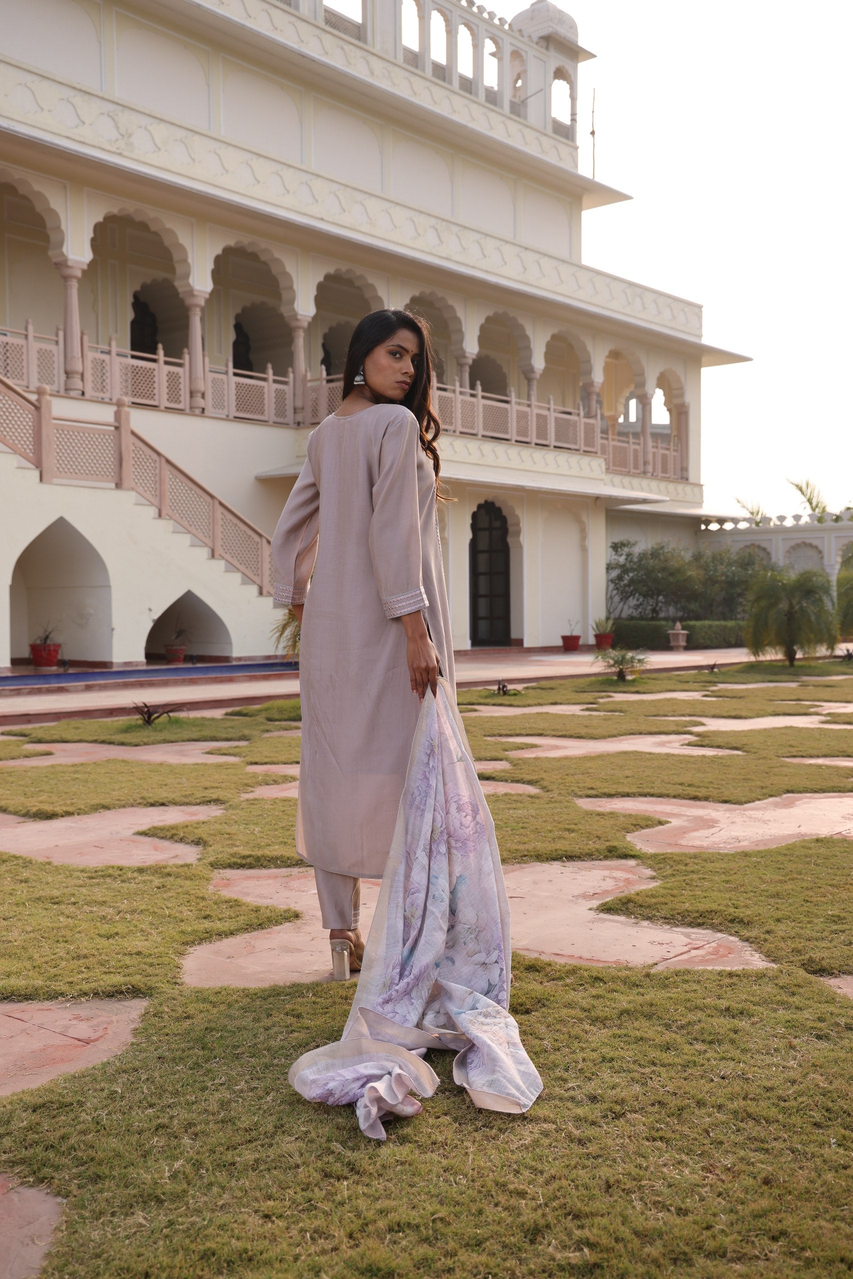 Designer Beige Embroidered Kurti Pant Set with Digital Print Dupatta - Fully Stitched