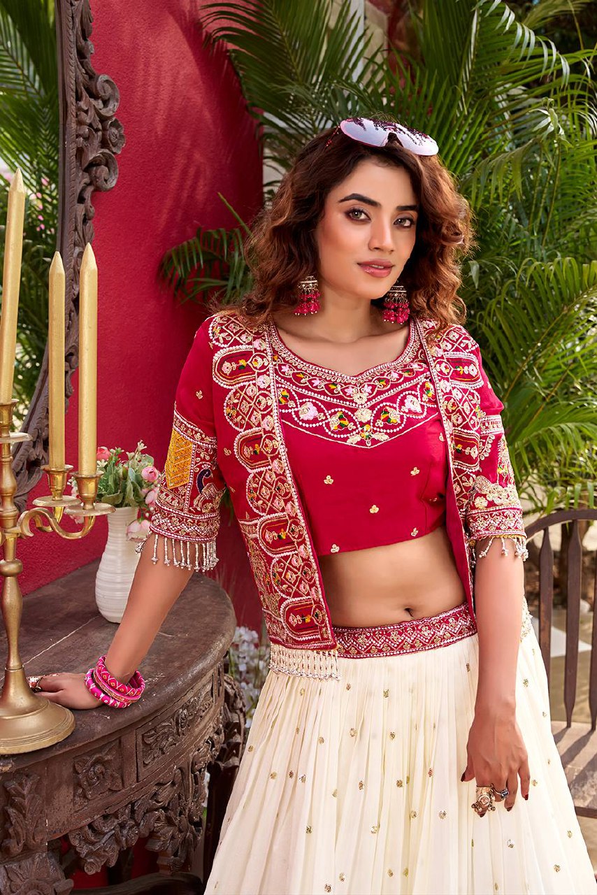 Festival Collection Pure Vichitra Lehenga Choli with Embroidered Koti - Fully Stitched