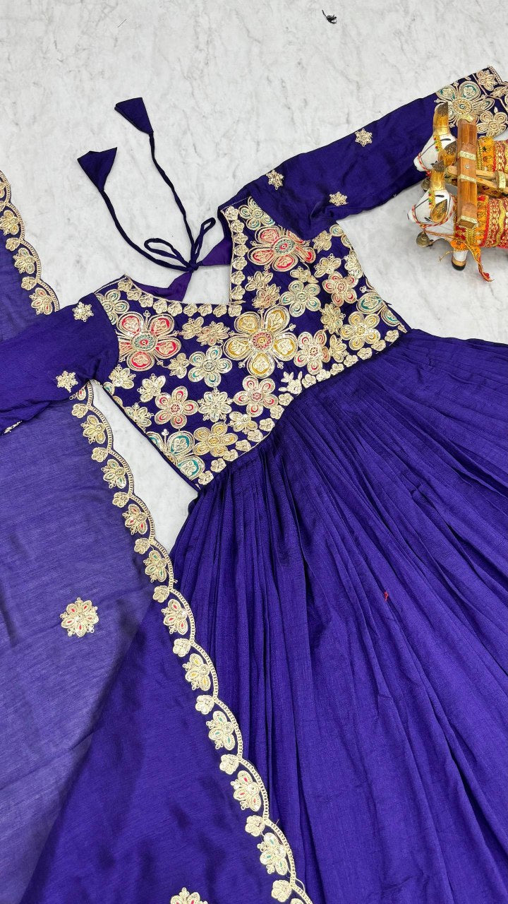 Festival Collection Vichitra Long Gown with Heavy Cording Sequence Embroidery Dupatta - Fully Stitched