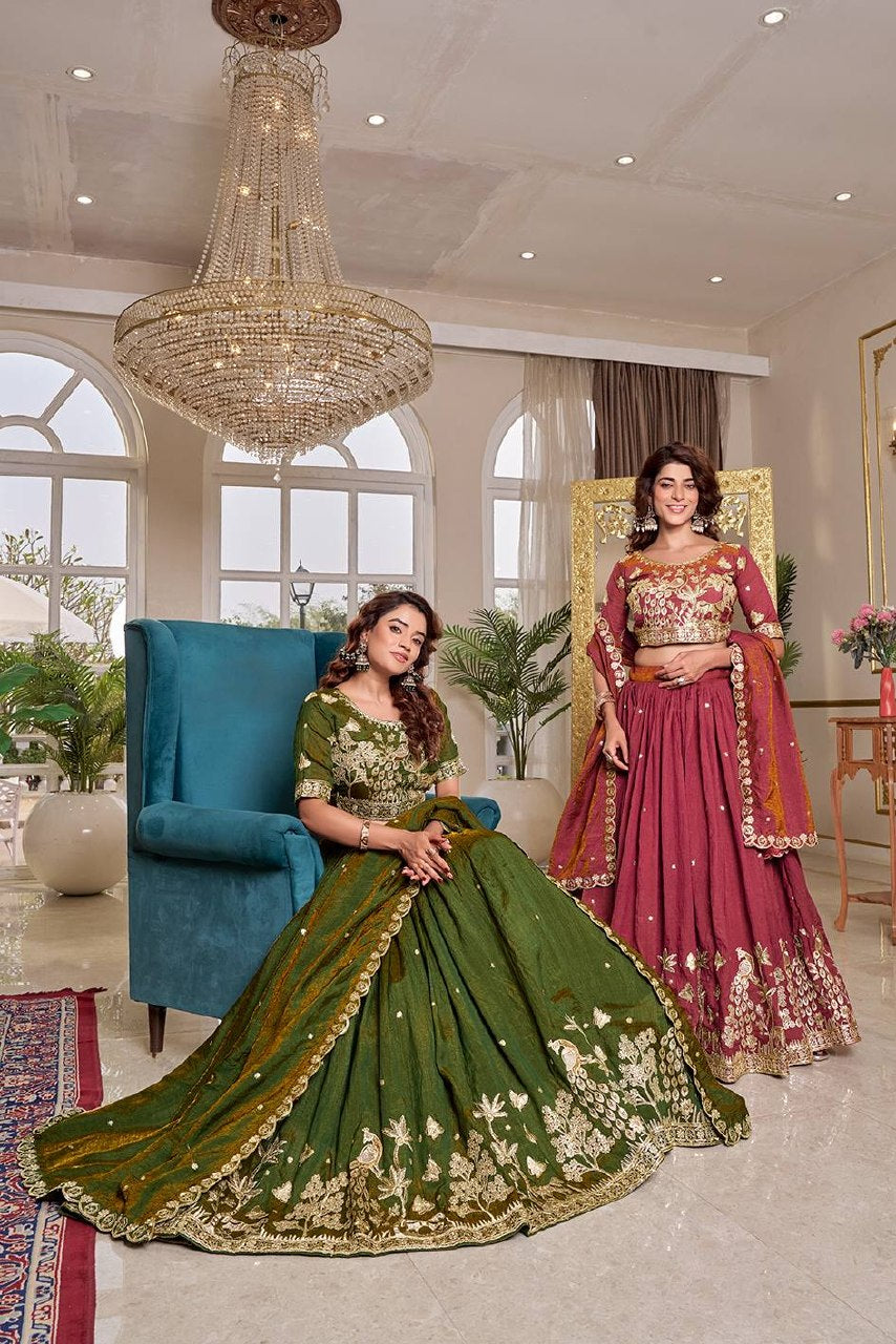 Wedding Collection Pure NC Vichitra Lehenga Choli with Heavy Cording Embroidery Work - Fully Stitched