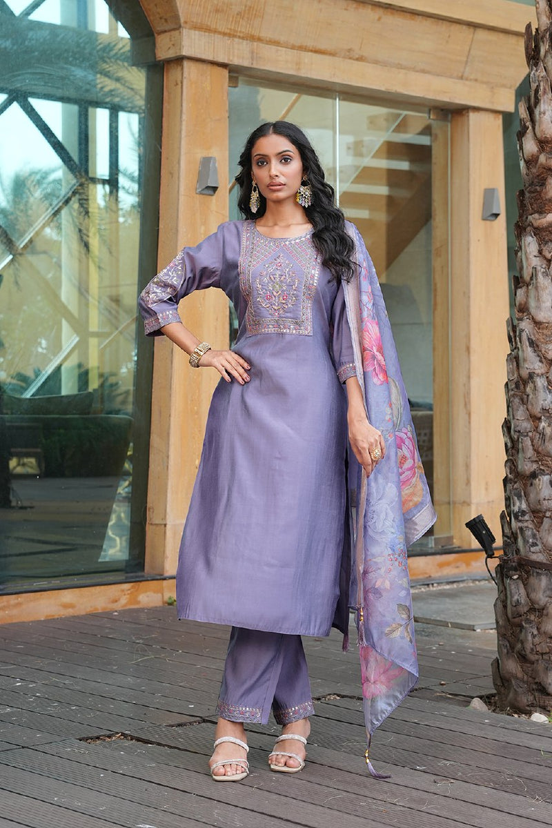 Designer Embroidered Kurta Pant Set with Printed Dupatta Perfect For Wedding Function