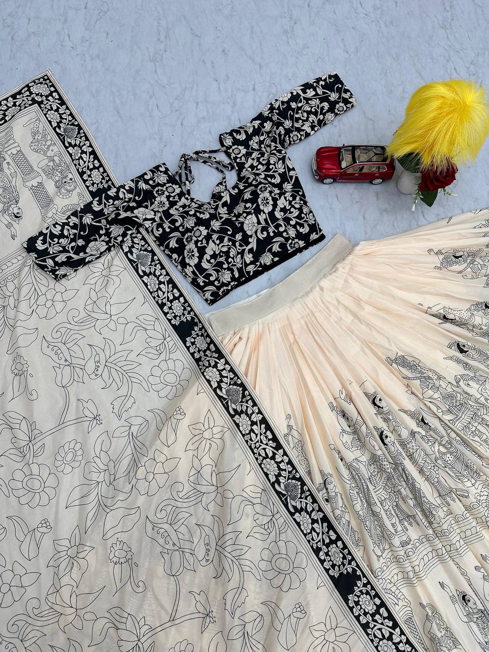 Festival Special Kalamkari Print Cotton Lehenga Choli with Dupatta - Fully Stitched