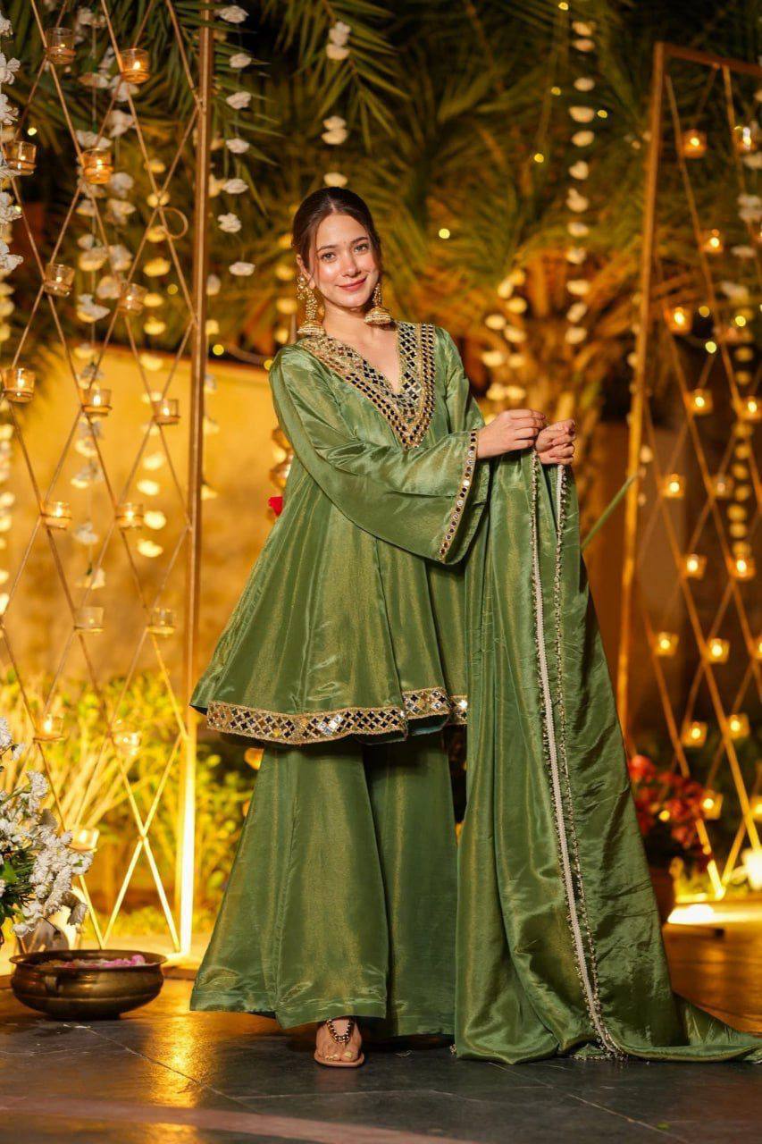 Premium Silk Kurti Set for Women | Designer Real Mirror Work Kurti with Silk Pant & Handwork Dupatta | Wedding, Festive & Party Wear Collection&nbsp (K)-1011