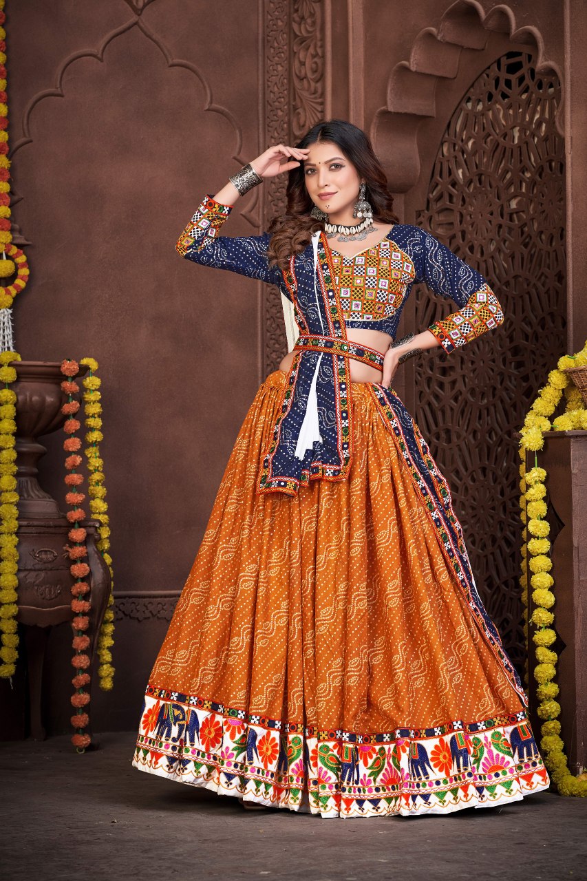 Navratri Special Blue & Mustard Bandhani Chaniya Choli with Embroidered Dupatta