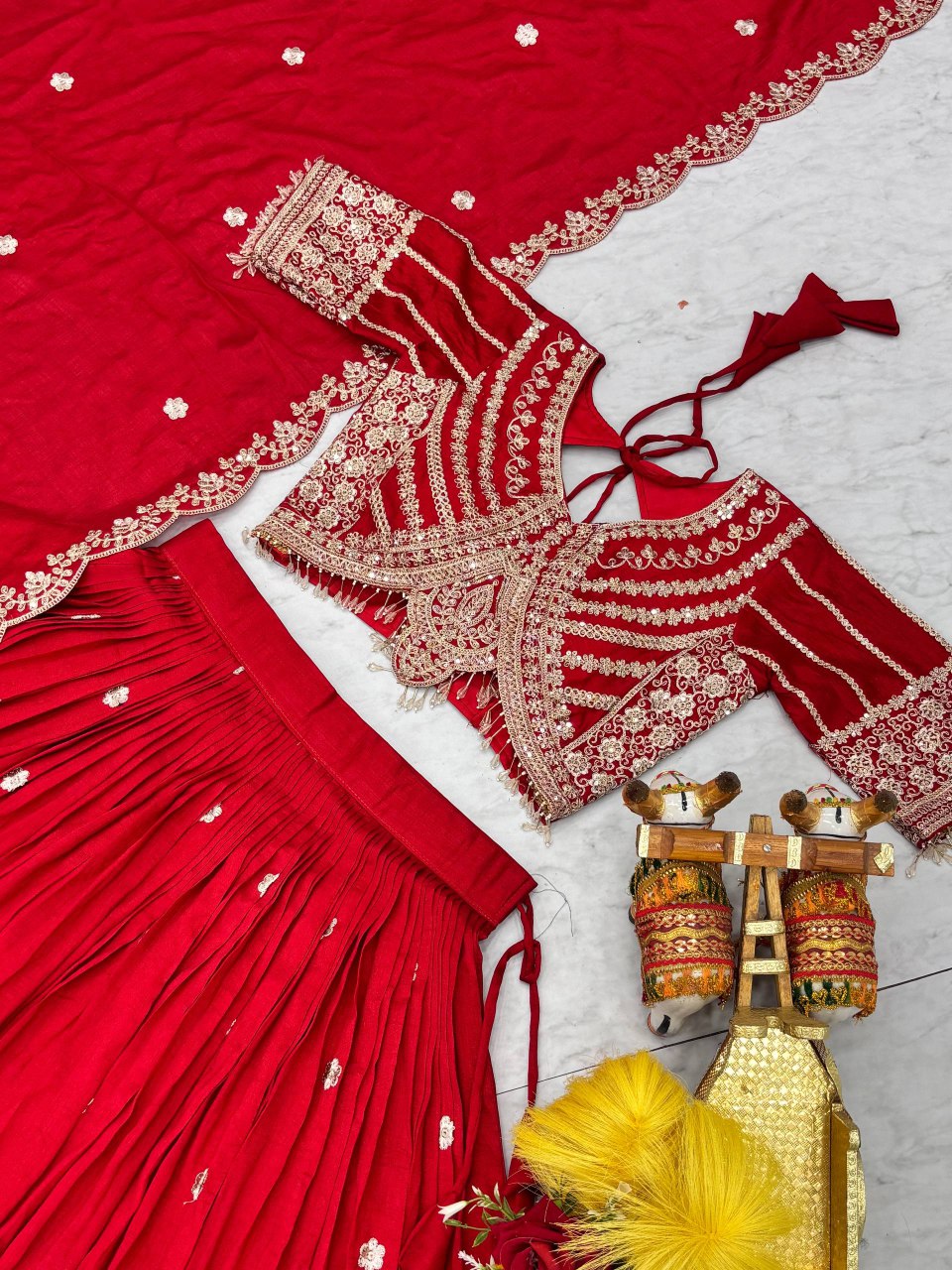 Designer Wedding Collection Vichitra Lehenga Choli with Heavy Cording Embroidery Work - Fully Stitched