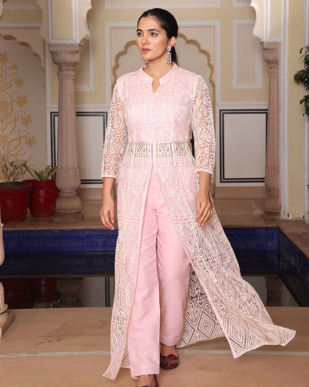Premium Embroidered Indo-Western Co-Ord Set for Women with Crepe Pant - Fully Stitched