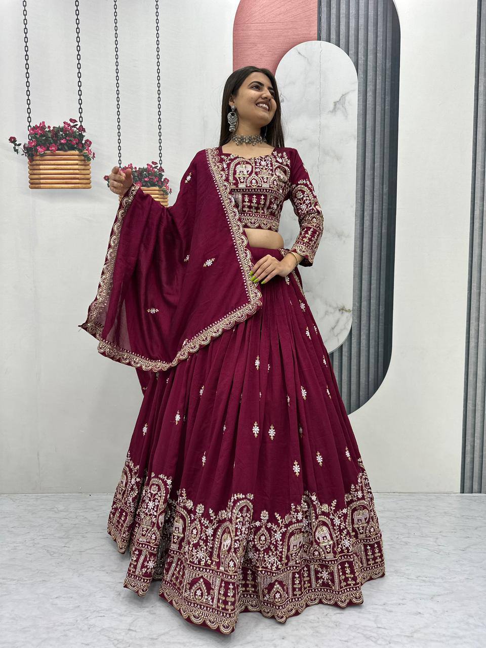 New Festival Vichitra Silk Lehenga Choli with Heavy Sequence Embroidery - Fully Stitched