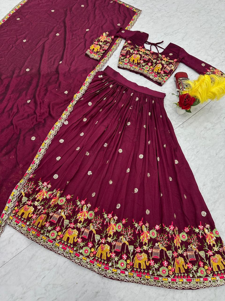 Designer Chinon Lehenga Choli with Embroidery Coding Thread Work - Fully Stitched
