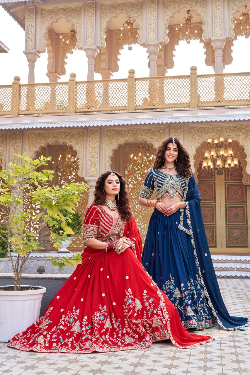 Designer Wedding Collection Vichitra Lehenga Choli with Heavy Cording Embroidery Work - Fully Stitched