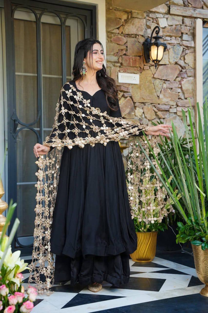 Premium Roman Silk Kurti Set for Women | Designer Handwork Kurti with Palazzo & Real Mirror Work Dupatta | Wedding, Festive & Party Wear Collection (K)1007