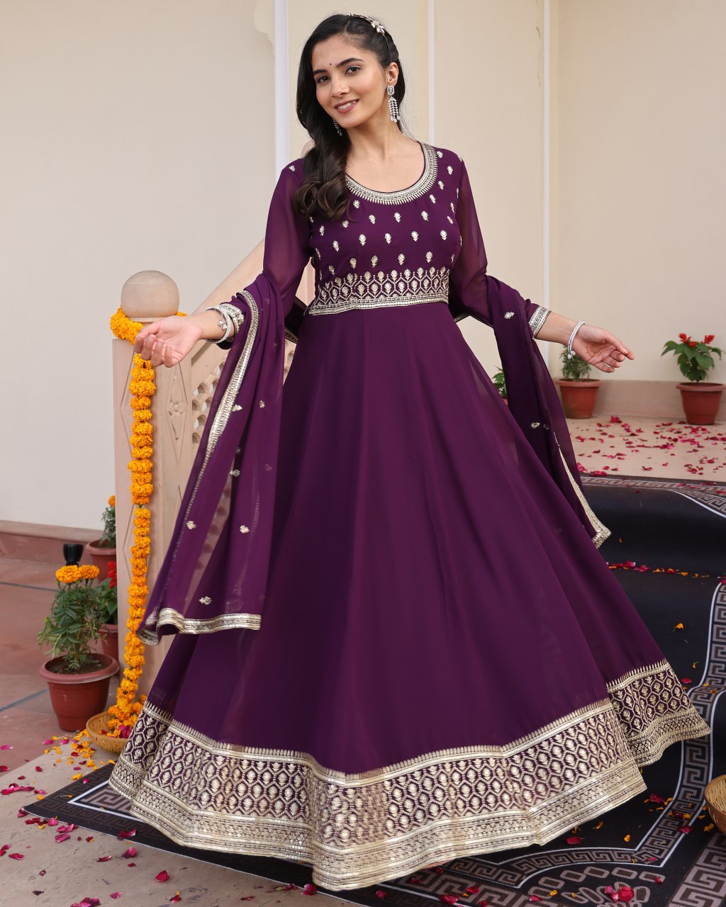 Wedding Wear Purple Georgette Anarkali Suit Set with Dupatta