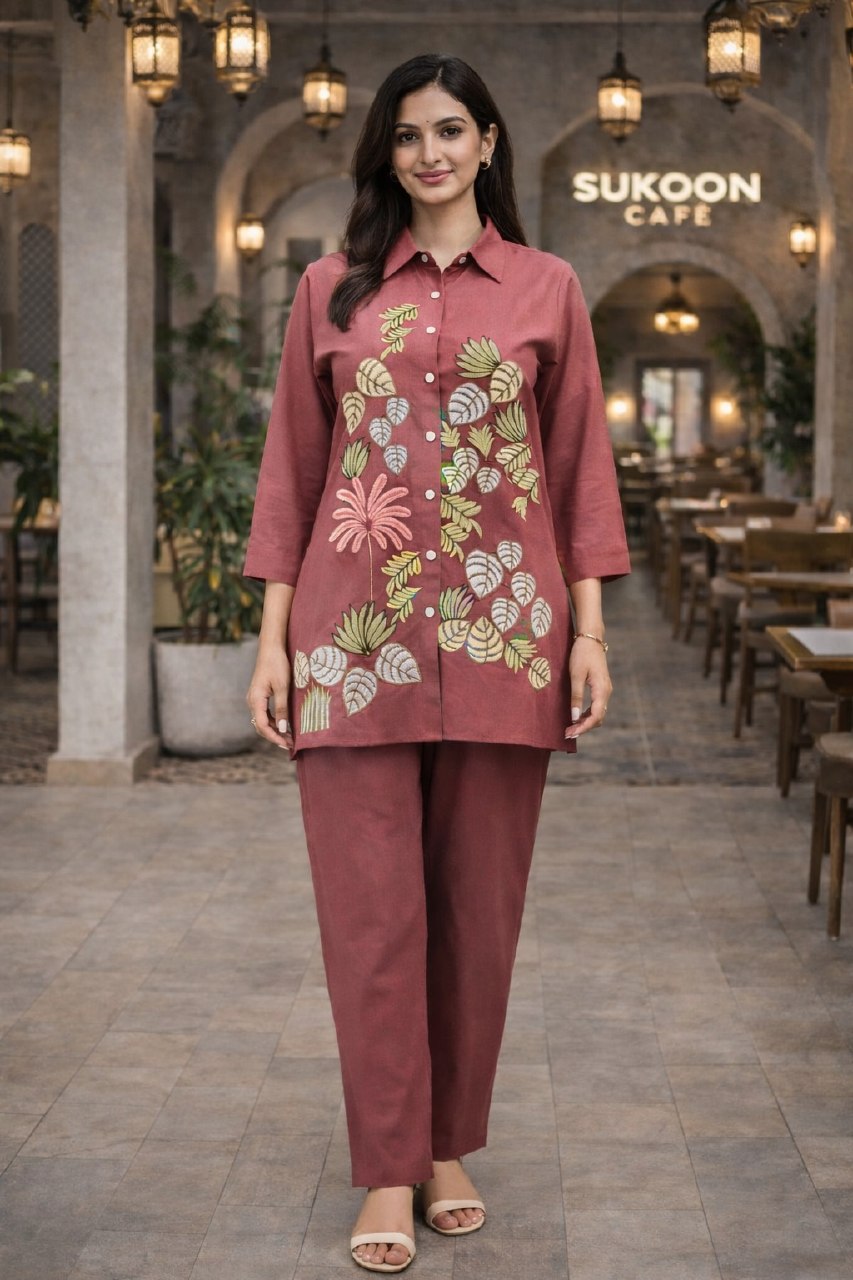 Women's Cotton Embroidered Co-Ord Set with Shirt Collar Top and Pant - Fully Stitched
