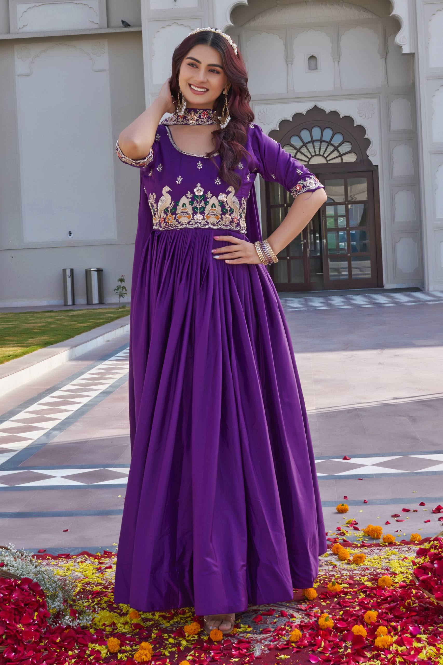 Festival Collection Crepe Silk Long Gown with Heavy Cording Sequence and Beads Embroidery Work - Fully Stitched