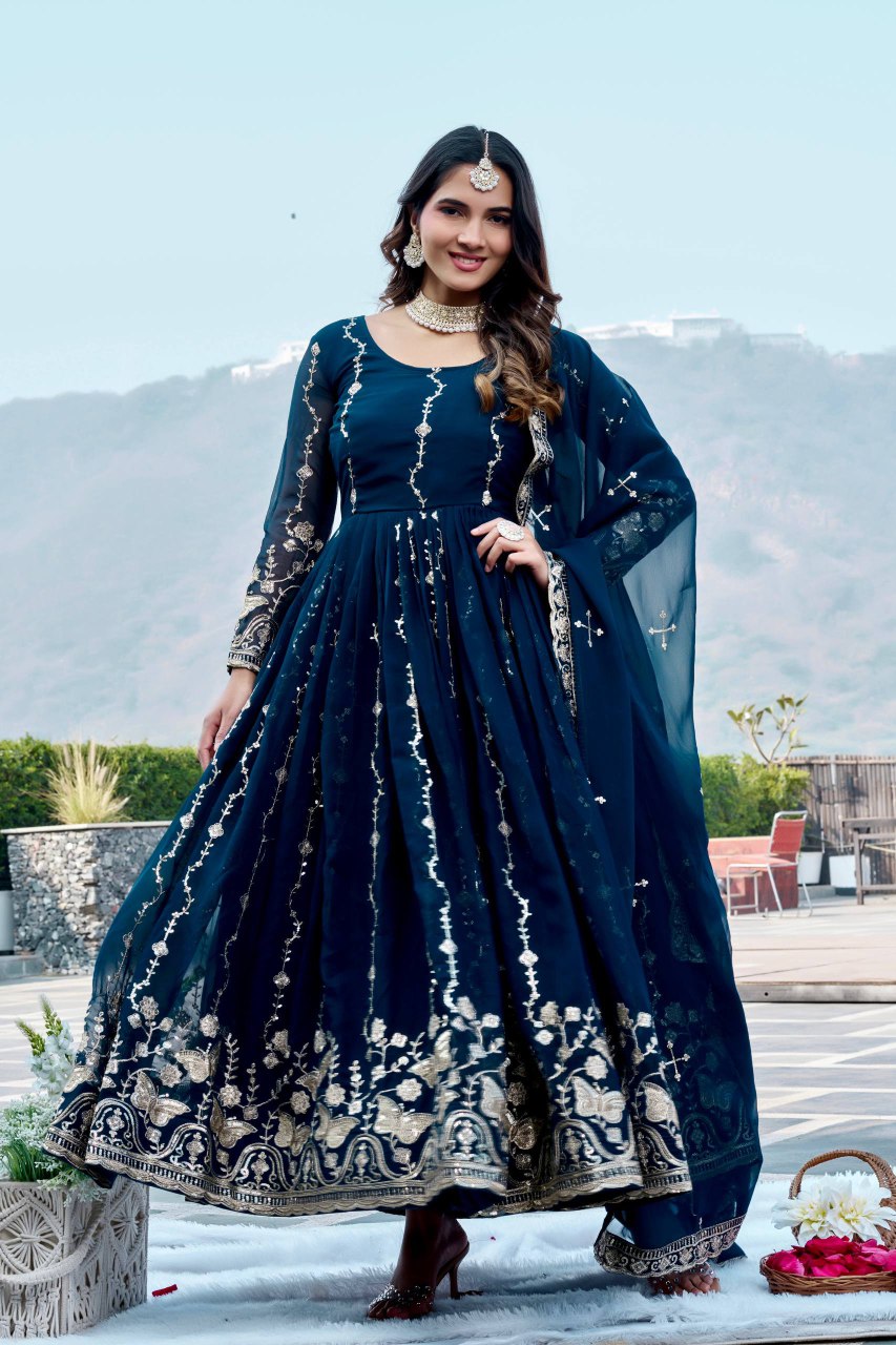 Festival Collection Fox Georgette Long Gown with Heavy Sequence Embroidery Dupatta - Fully Stitched